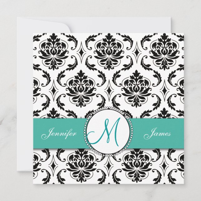 Black Damask Turquoise Monogram Wedding Invitation (Front)