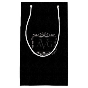Black Damask vintage silver frame Small Gift Bag