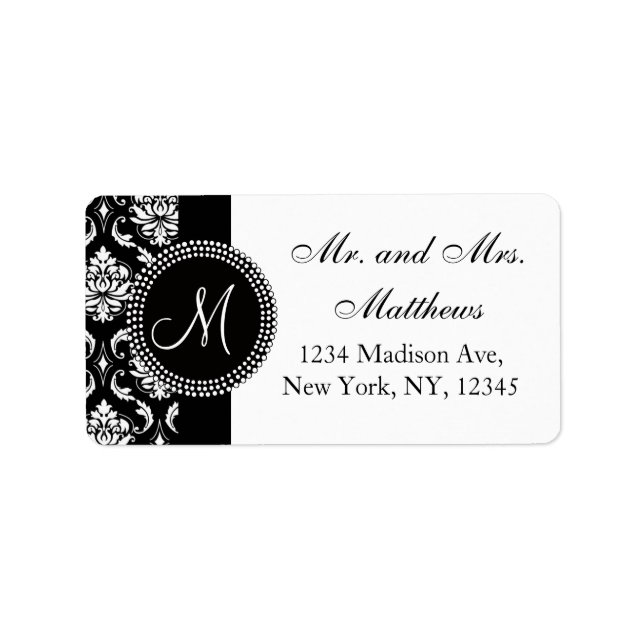 Black Damask Wedding RSVP Address Label (Front)