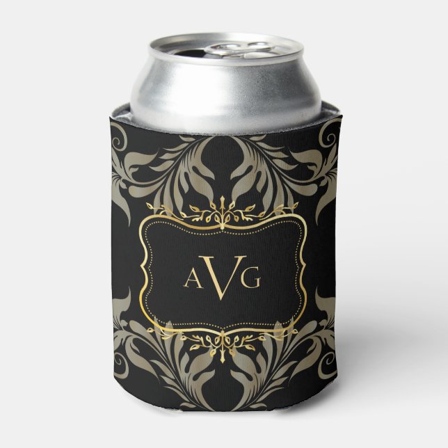 Black Damask with gold frame monogram Can Cooler (Can Front)