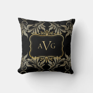 Black Damask with gold frame monogram Throw Pillow