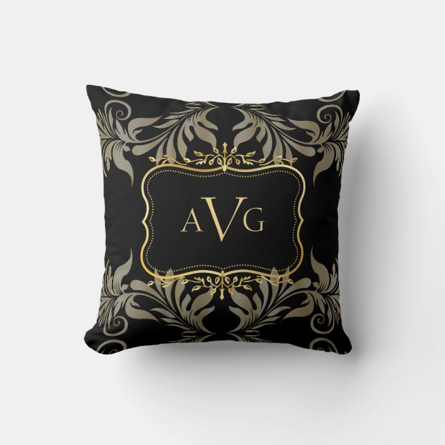 Black Damask with gold frame monogram Throw Pillow (Front)