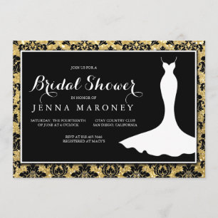 Black Damask with Gold Glitter Bridal Shower Invitation