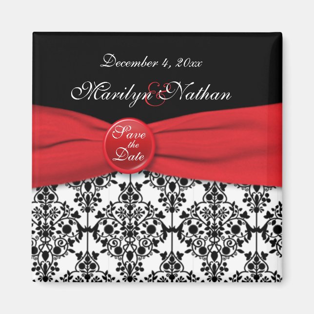Black Damask with Poppy Red Save the Date Magnet (Front)