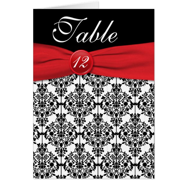 Black Damask with Poppy Red Table Number Card (Front)