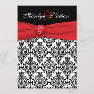 Black Damask with Poppy Red Wedding Invitation