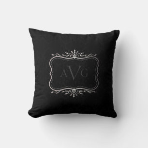 Black Damask with silver frame monogram Throw Pillow