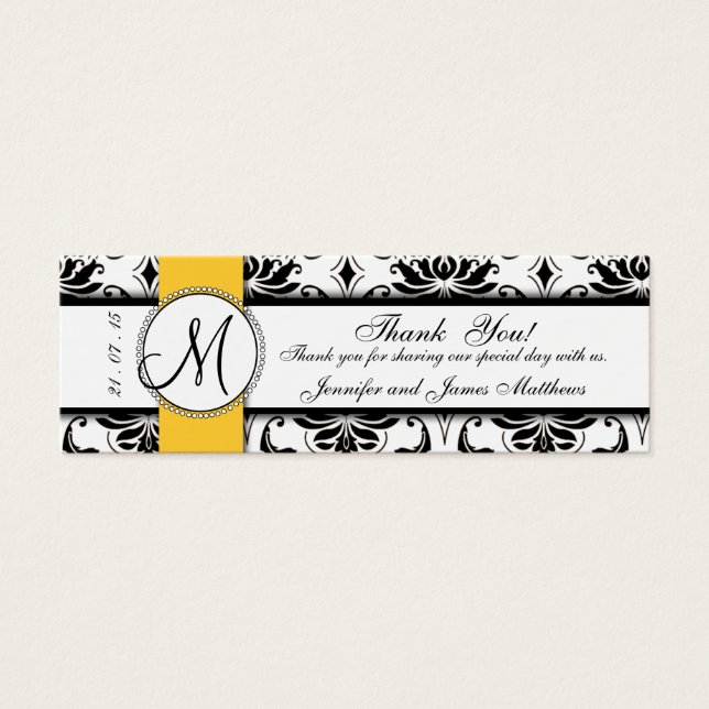 Black Damask Yellow Wedding Favour Tag (Front)