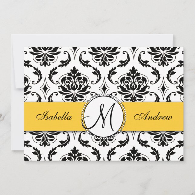 Black Damask Yellow Wedding Invitation (Front)