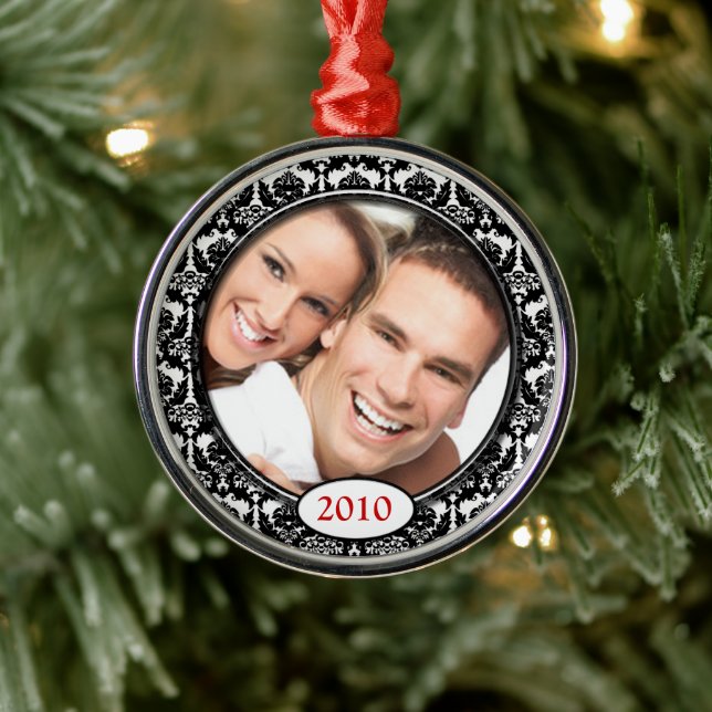 Black Damask Your Photo Christmas Ornament (Tree)