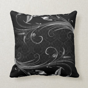 Black Damasks And Metallic Silver Floral Swirls Throw Pillow
