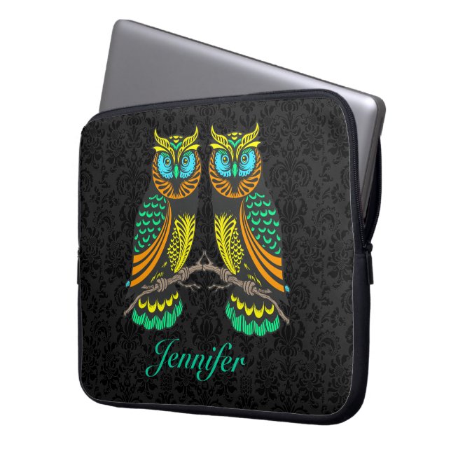 Black Damasks Colourful Abstract Pair Of Owls Laptop Sleeve (Front Left)