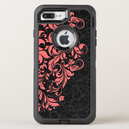 Black Damasks & Coral Red Floral Lace OtterBox Defender iPhone 8 Plus/7 Plus Case