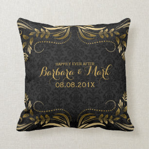 Black Damasks & Gold Floral Lace Throw Pillow