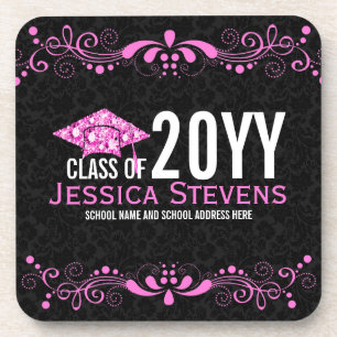 Black Damasks Pinke Lace & Diamonds Hat Grad 2015 Coaster