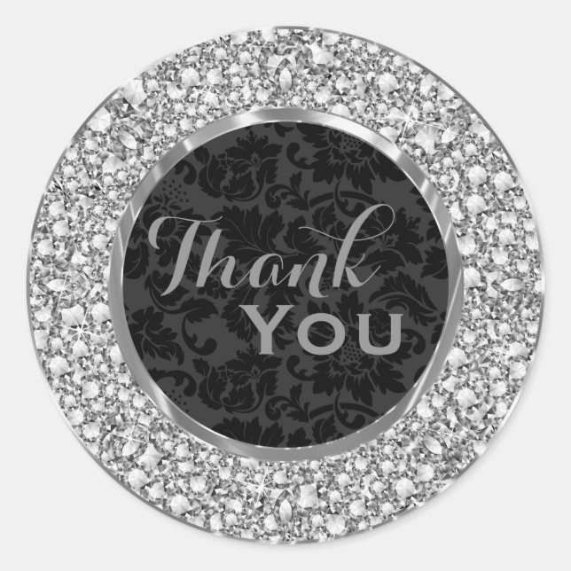 Black Damasks Sparkling Diamonds Glitter Classic Round Sticker (Front)