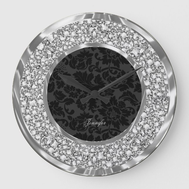 Black Damasks Sparkling Faux Diamonds Glitter Large Clock (Front)