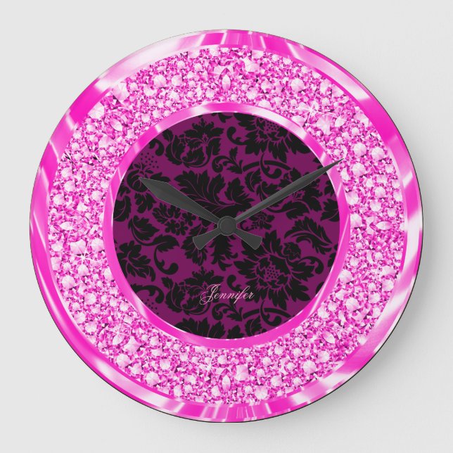Black Damasks Sparkling Pink Diamonds Glitter Large Clock (Front)