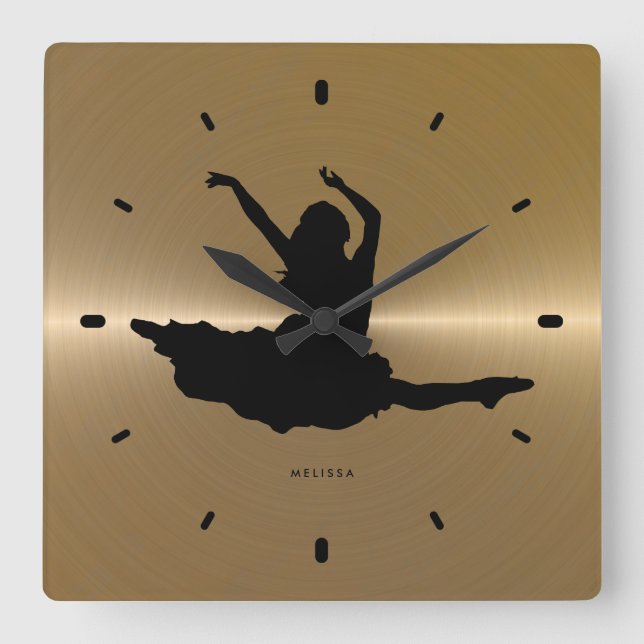 Black Dancer Silhouette On Gold Stainless Steel Square Wall Clock (Front)