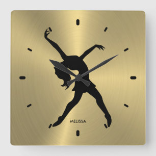 Black Dancer Silhouette On Metallic gold backgroun Square Wall Clock