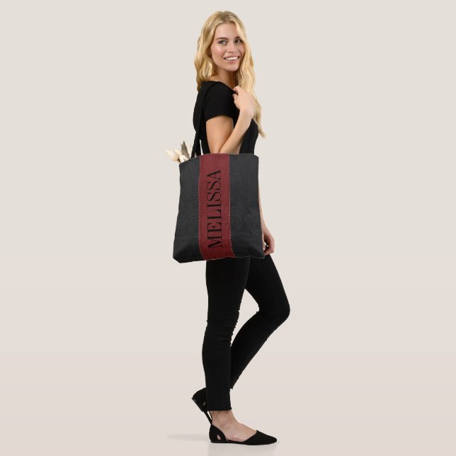 Black & Dar-Red Stitched Leather Texture Tote Bag (On Model)