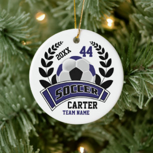 Black, Dark Blue and White Personalize Soccer  ⚽ Ceramic Ornament