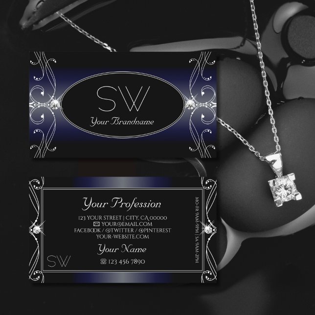 Black Dark Blue Ornate Sparkling Diamonds Initials Business Card (Creator Uploaded)