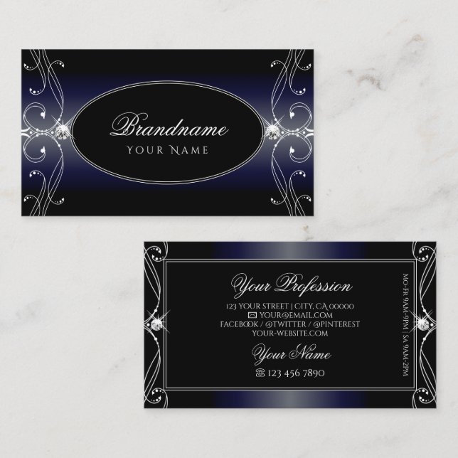 Black Dark Blue Ornate Sparkling Diamonds Ornament Business Card (Front/Back)
