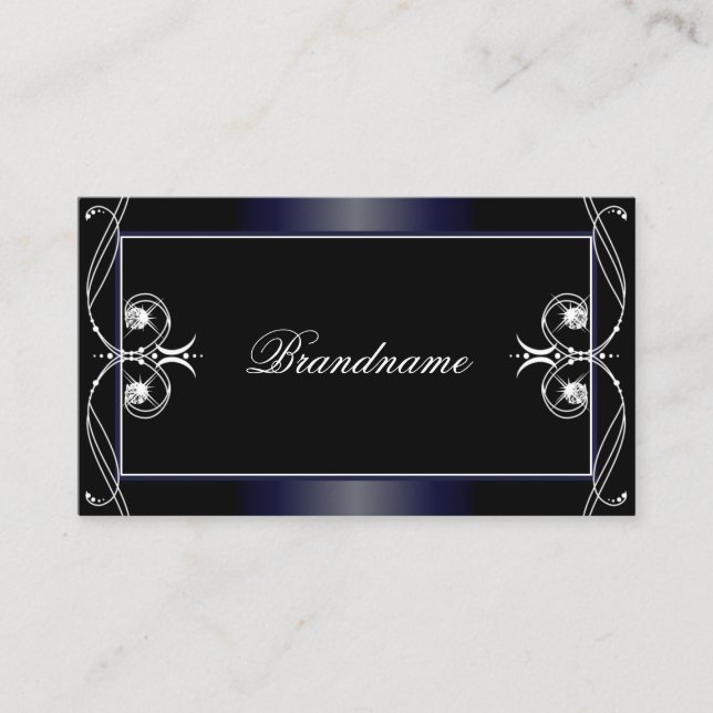 Black Dark Blue Ornate Sparkling Diamonds Ornament Business Card (Front)