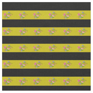 Black, dark gold folk flower stripe fabric