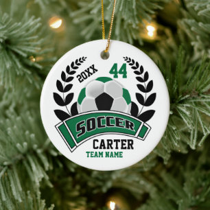 Black, Dark Green and White Personalize Soccer  ⚽ Ceramic Ornament