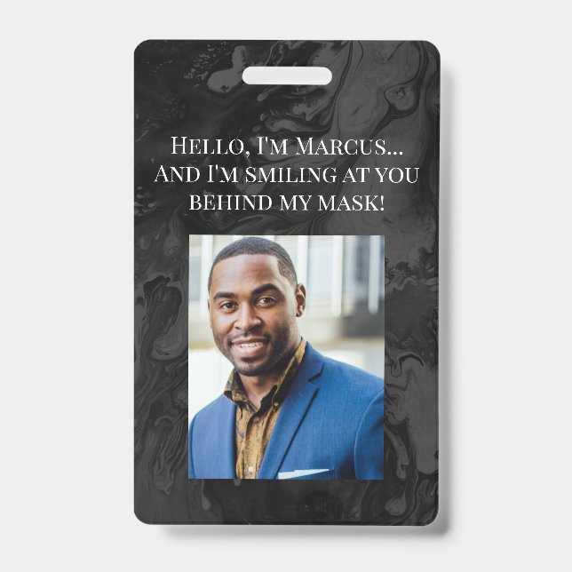 Black & Dark Grey Marble Hello Behind the Mask Badge (Front)
