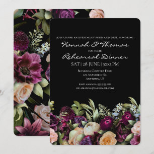 Black Dark Moody Elegant Floral Rehearsal Dinner Invitation