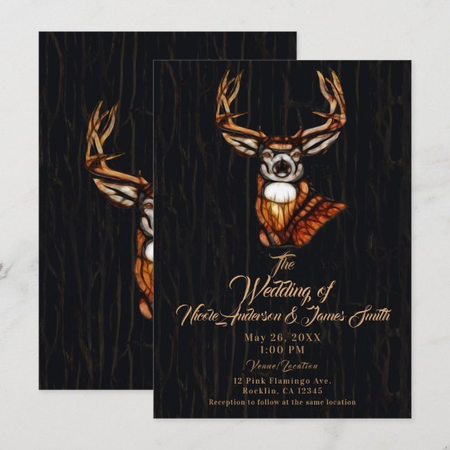 Black Dark Wooden Wood Deer Rustic Country Wedding Invitation (Front/Back)