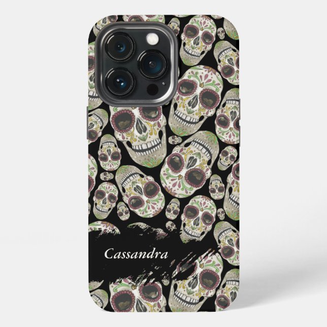 Black Day of the Dead Skulls Pattern iPhone Case (Back)