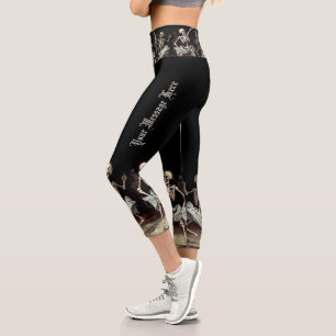 Black Death Dancing Skeletons Halloween Capri Leggings