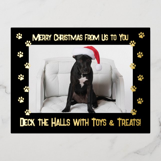 Black Deck the Halls With Toys & Treats 2 Photo Foil Holiday Postcard (Front)