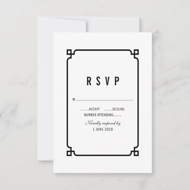 Black Deco Chic Wedding RSVP Card (Front)