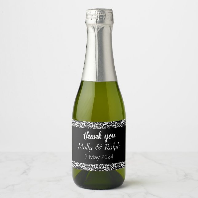 Black decorative damask white wedding sparkling wine label (Front)