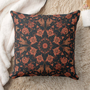 Black & Deep Orange Floral Damask Throw Pillow