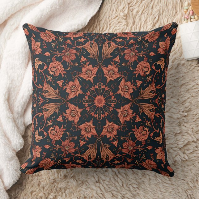 Black & Deep Orange Floral Damask Throw Pillow (Blanket)