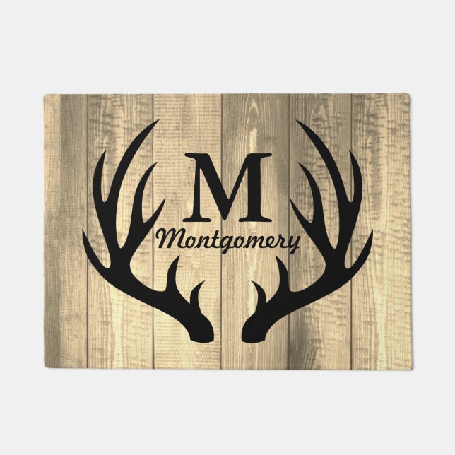 Black Deer Antlers Barn Wood Planks - Personalized Doormat (Front)