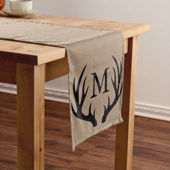 Black Deer Antlers Faux Burlap - Personalized Long Table Runner (In Situ)