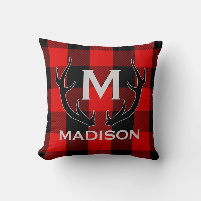 Black Deer Antlers Monogram Red Buffalo Check Throw Pillow (Front)