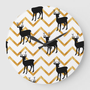 Black deer, gold texture pattern. large clock