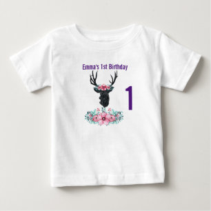 Black Deer Head w/ Pink Flower Bouquet Birthday Baby T-Shirt