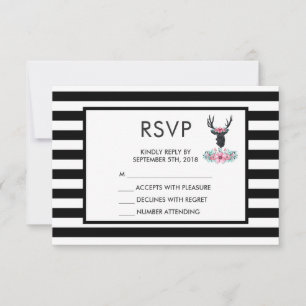 Black Deer Head w/ Pink Flower Bouquet RSVP Card