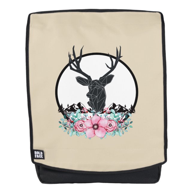 Black Deer Head w/ Pink Flowers & Mountains Backpack (Front)