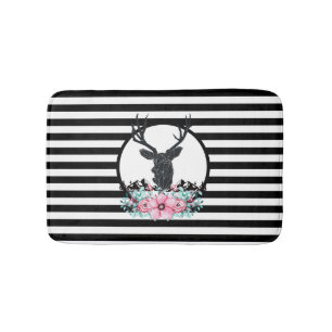 Black Deer Head w/ Pink Flowers & Mountains Bath Mat