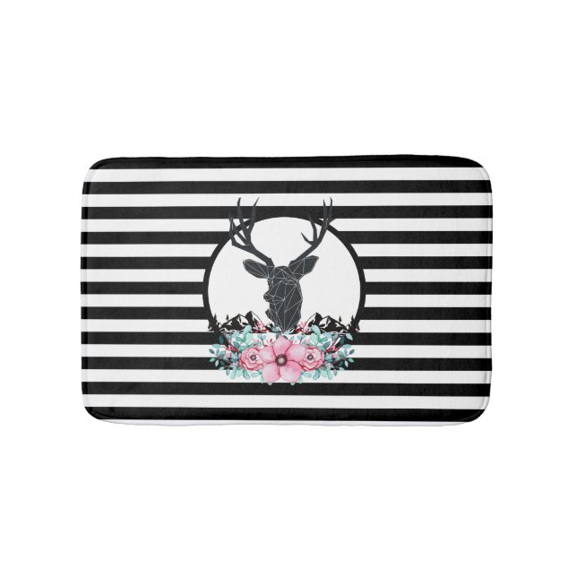 Black Deer Head w/ Pink Flowers & Mountains Bath Mat (Front)